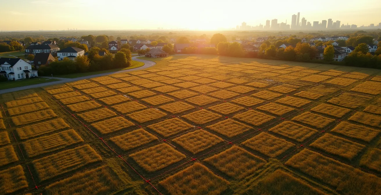 Vue aérienne d'un grand terrain en cours de division avec marquages au sol délimitant les futurs lots