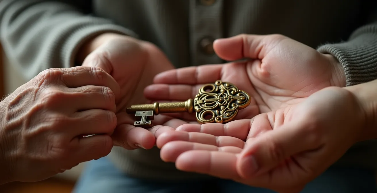 Mains de trois générations tenant délicatement une clé dorée symbolisant la transmission du patrimoine