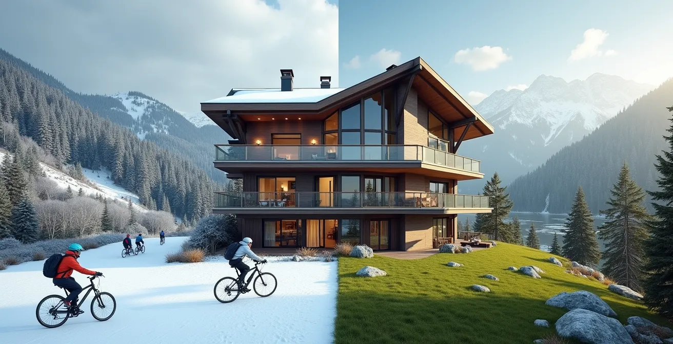 Chalet moderne avec accès direct aux pistes montrant la transition été-hiver