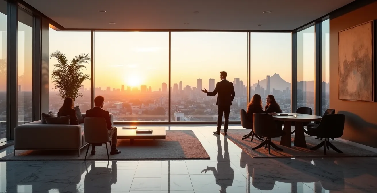 Présentation de propriété de luxe montréalaise à des investisseurs internationaux dans un environnement sophistiqué
