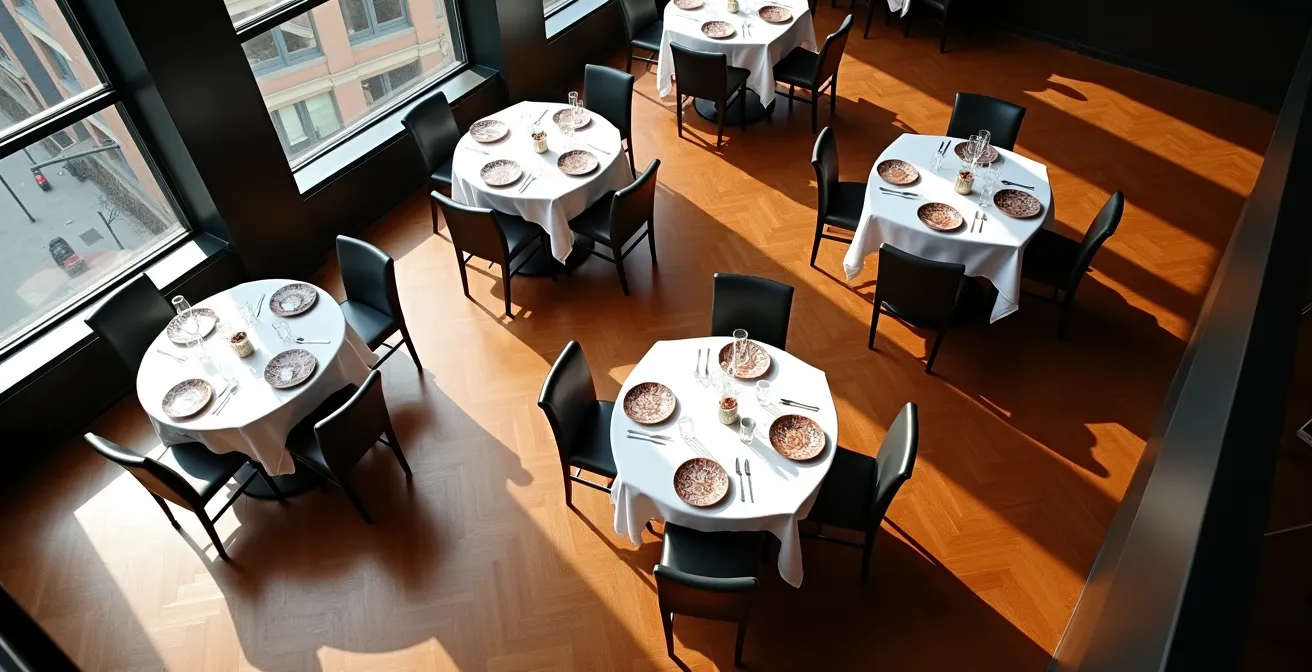 Vue aérienne minimaliste d'une salle de restaurant élégante avec tables dressées