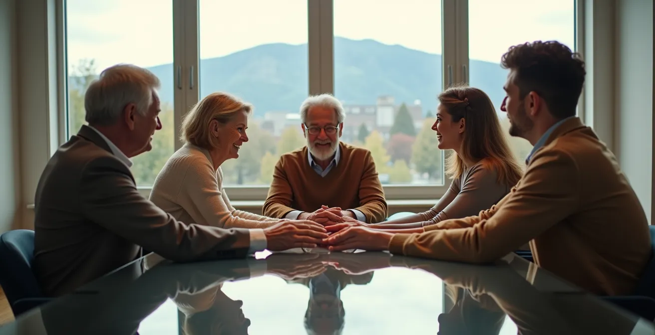 Famille multigénérationnelle réunie autour d'une table ronde dans un bureau de notaire avec vue sur Montréal
