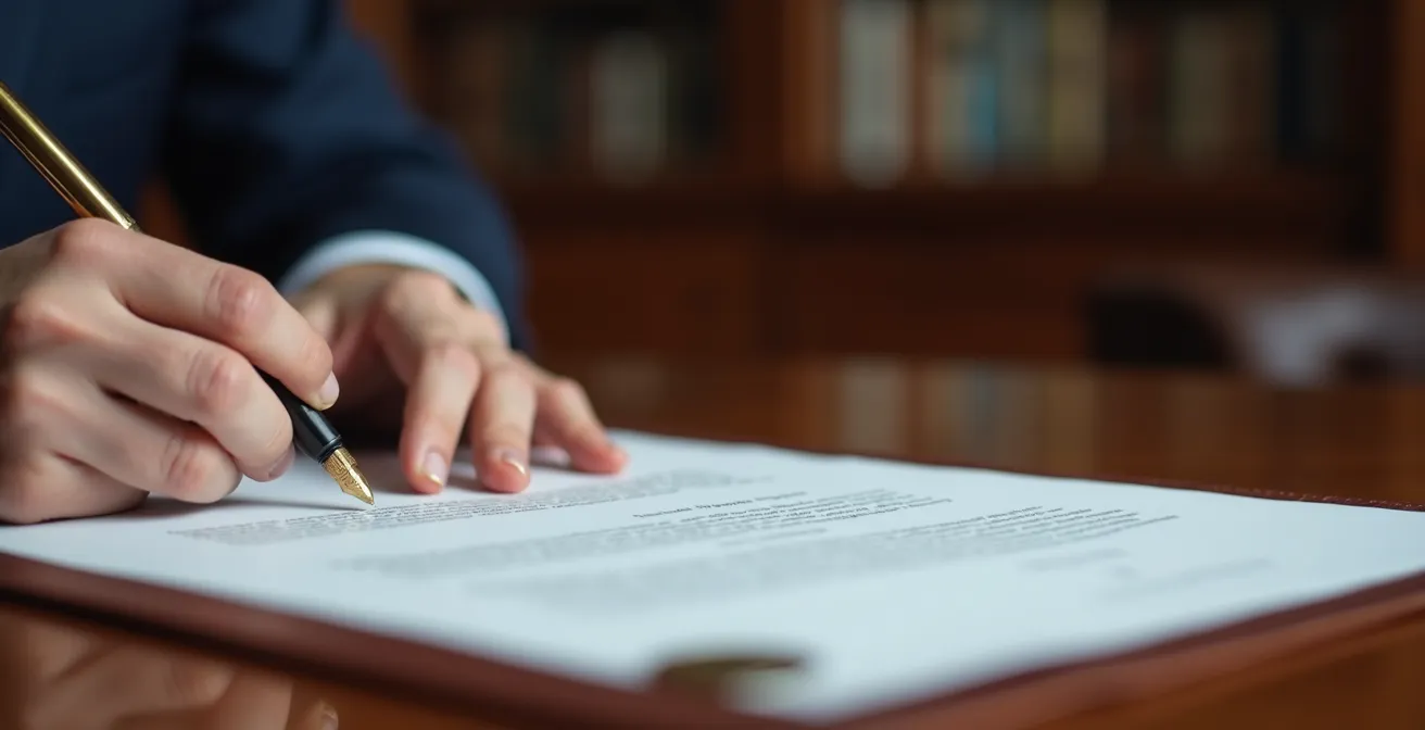 Mains signant un document officiel sur un bureau de notaire avec sceau et plume