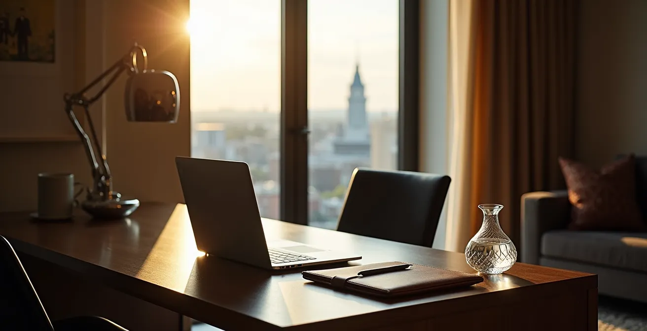 Espace de travail luxueux dans une suite d'hôtel avec vue sur le Mont-Royal
