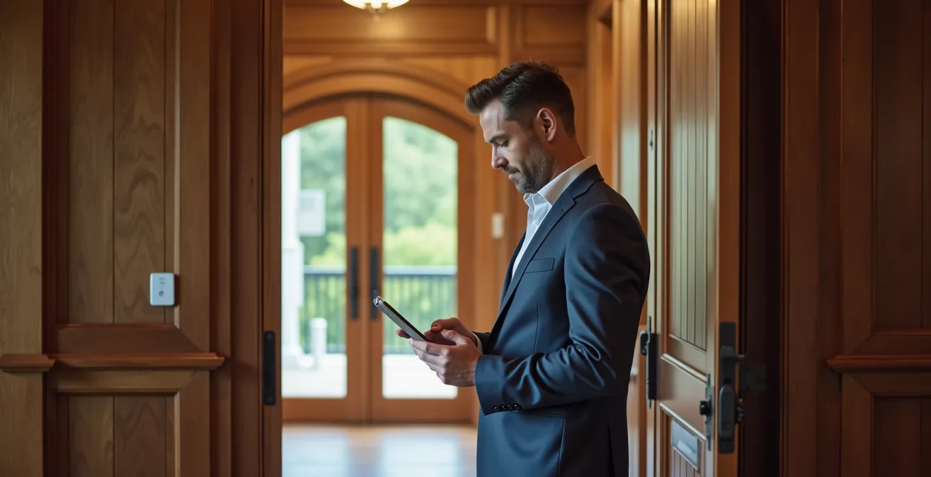 Intérieur moderne avec système de contrôle domotique intégré montrant des capteurs et caméras discrets