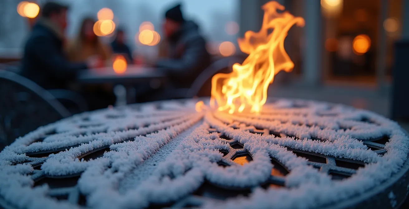 Coin chaleureux d'une terrasse montréalaise en hiver, avec un foyer au gaz moderne et une vue sur le paysage urbain enneigé.