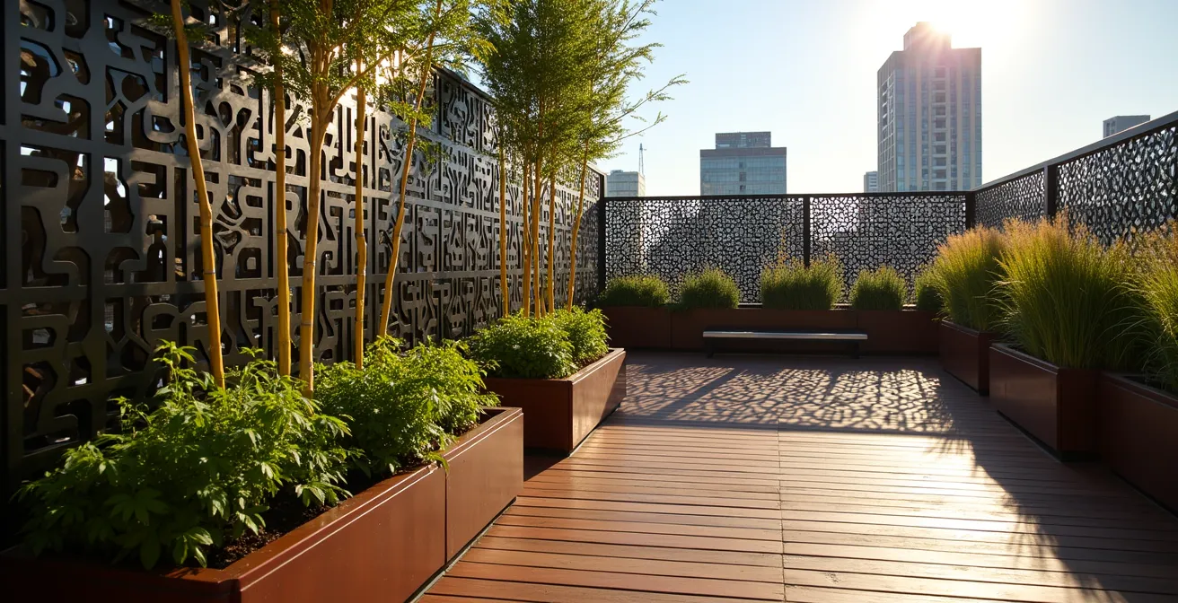 Aménagement de terrasse avec des claustras métalliques design et de la végétation luxuriante créant une intimité élégante à Montréal.