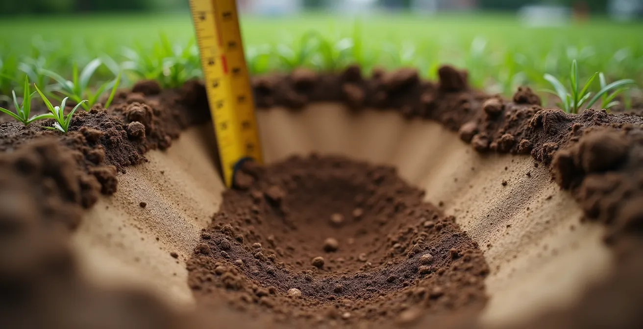 Technicien effectuant un test de percolation dans un sol argileux avec équipement de mesure