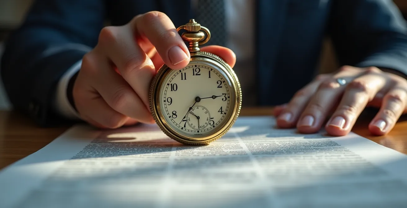 Main tenant une montre de poche vintage au-dessus de documents immobiliers flous