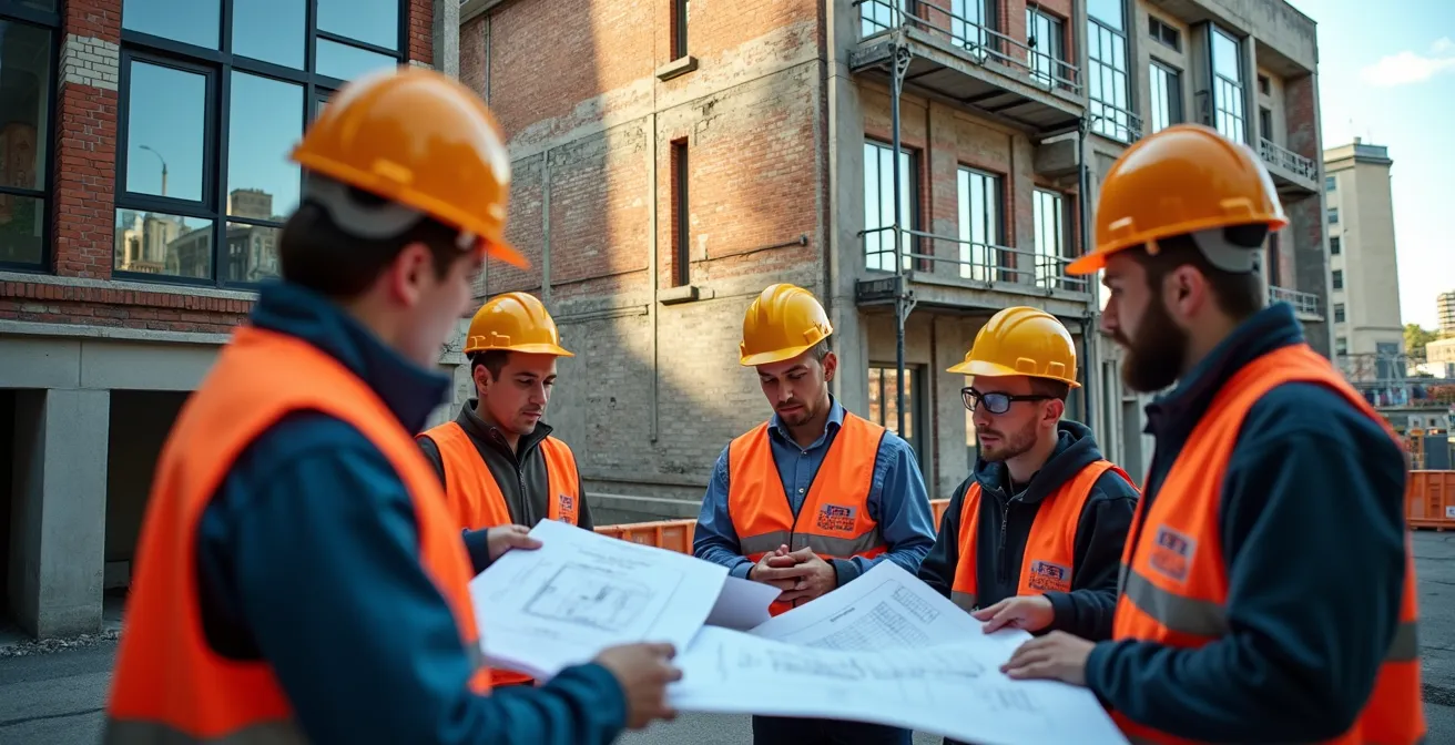 Bâtiment industriel montréalais en cours de transformation avec grues et nouvelle façade moderne