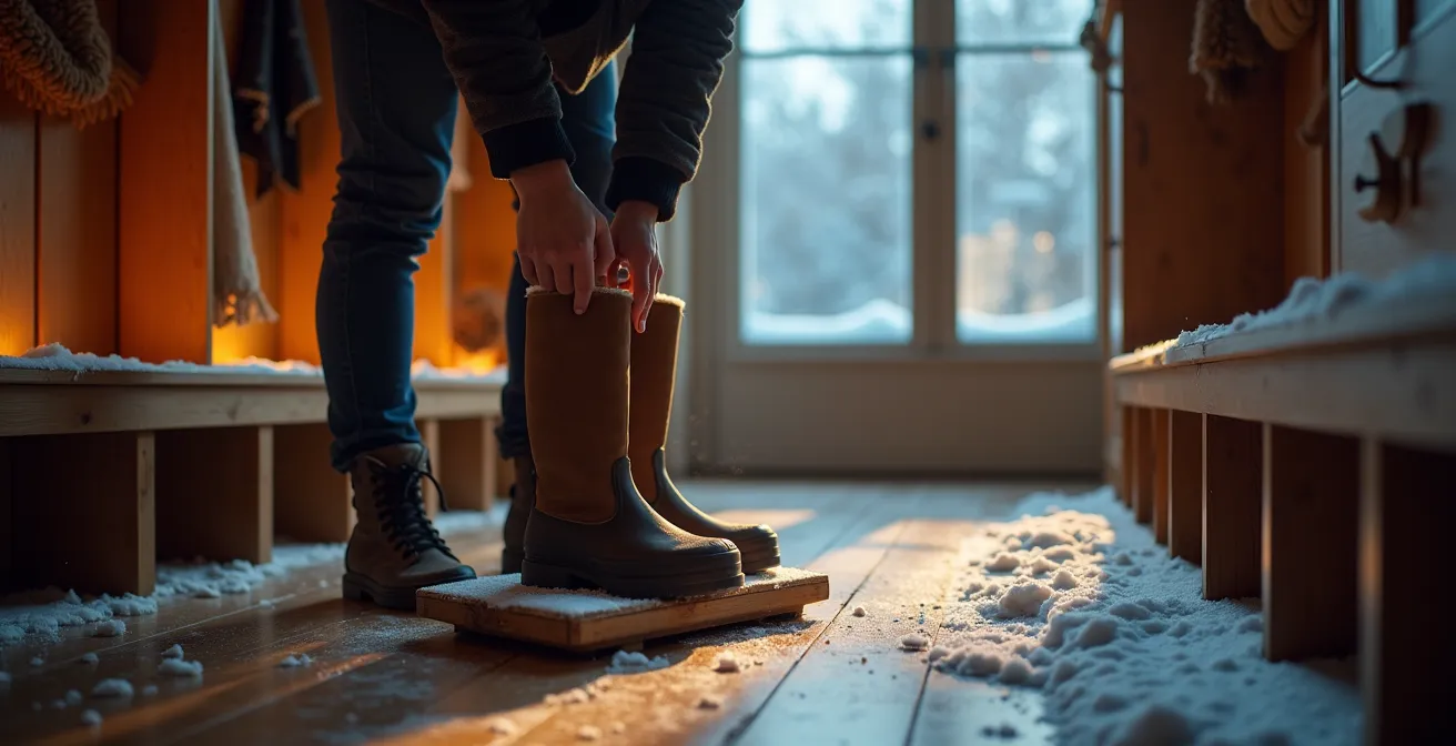 Entrée d'appartement montréalais avec vestibule d'hiver aménagé et plancher chauffant