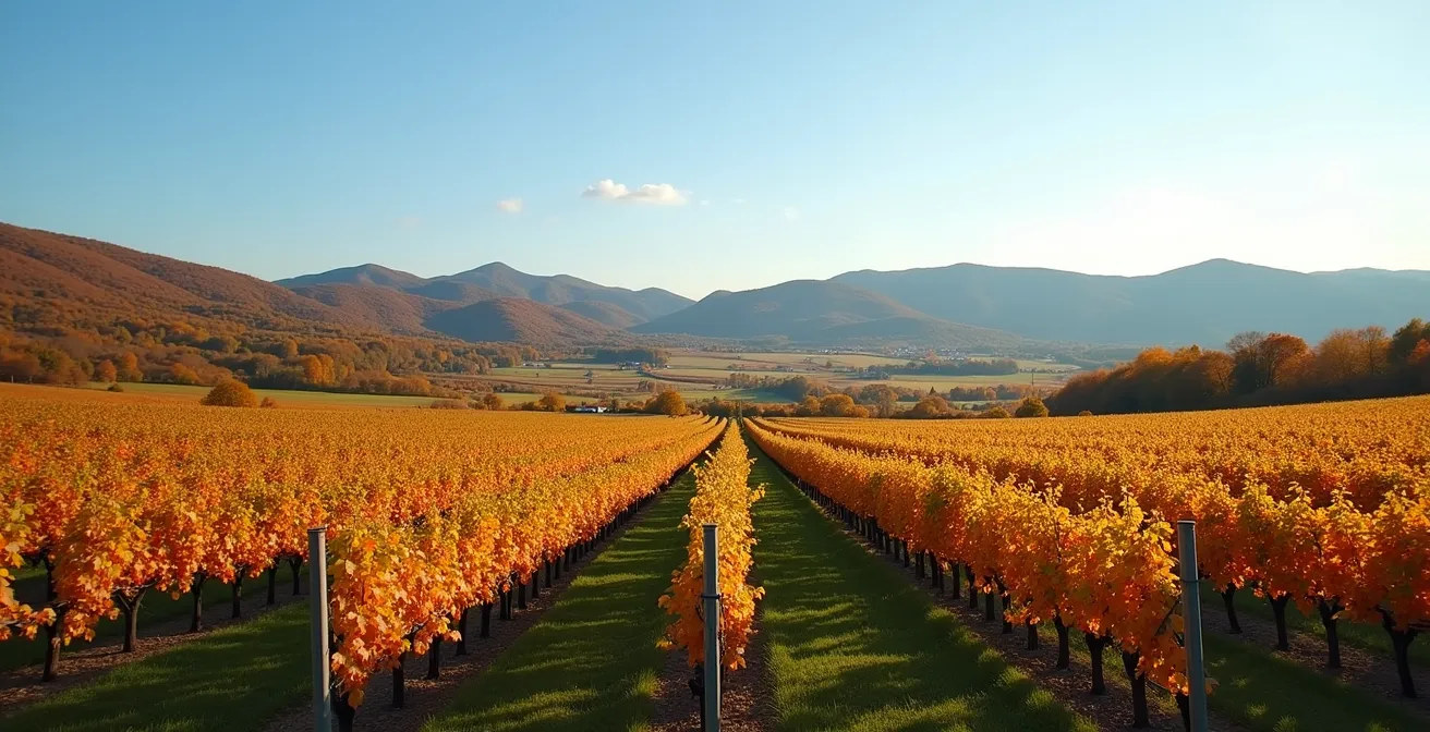 Rangées de vignes dorées en automne dans une vallée québécoise avec collines en arrière-plan