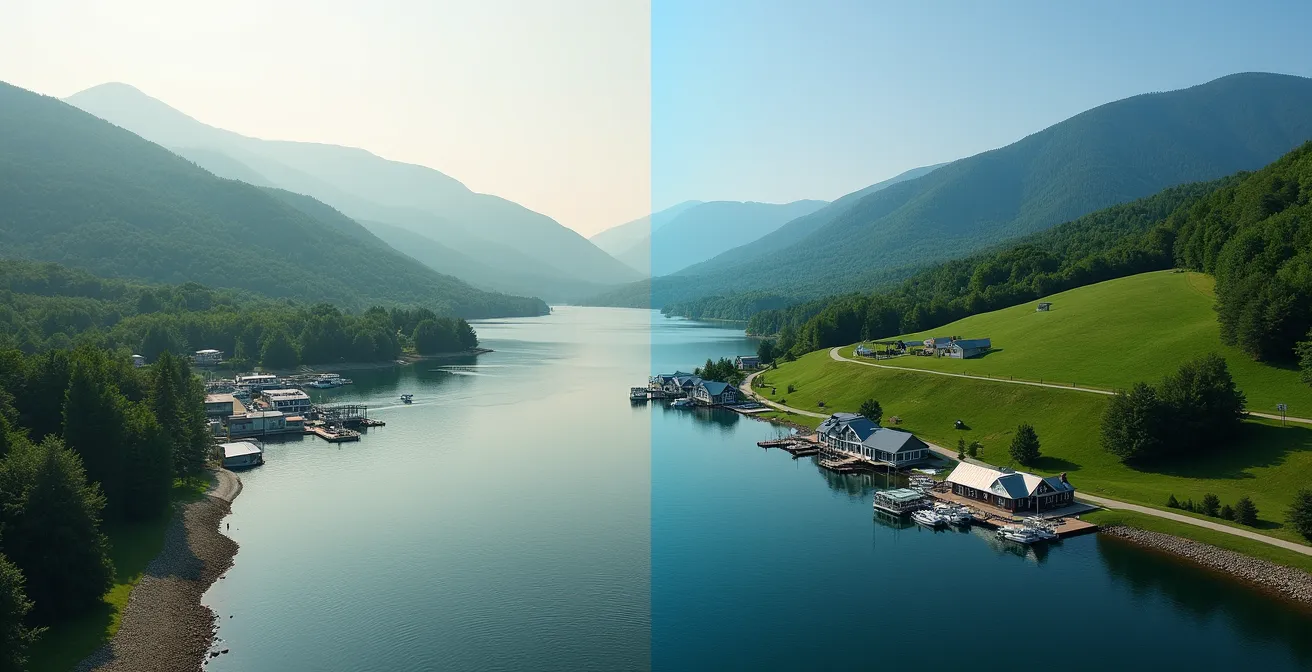 Vue panoramique comparative montrant le lac Memphrémagog et le mont Bromont en été