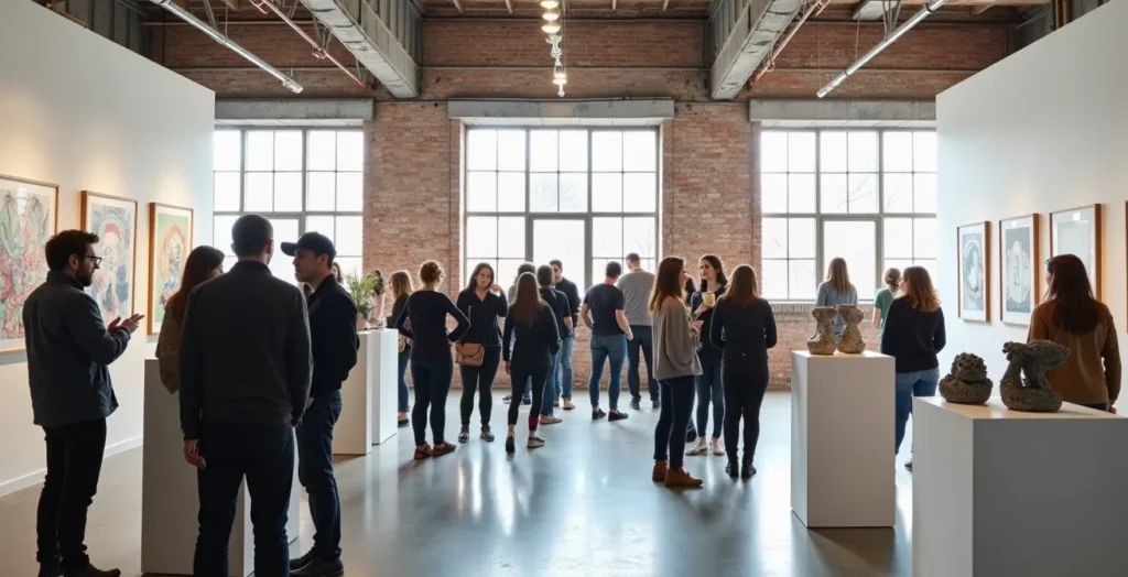 Vue atmosphérique d'un atelier d'artiste sur la rue Parthenais avec œuvres exposées et visiteurs Vue atmosphérique d'un atelier d'artiste sur la rue Parthenais avec œuvres exposées et visiteurs